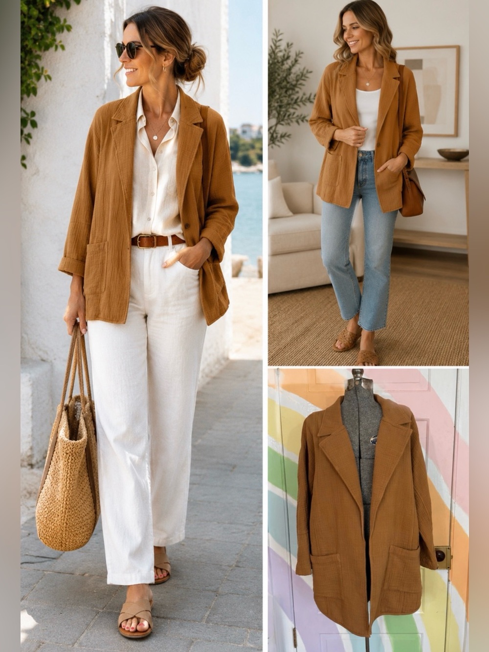 J.Jill Pure Jill 100% Cotton Gauze Relaxed Open Front Blazer Jacket Camel~L🧡🍄